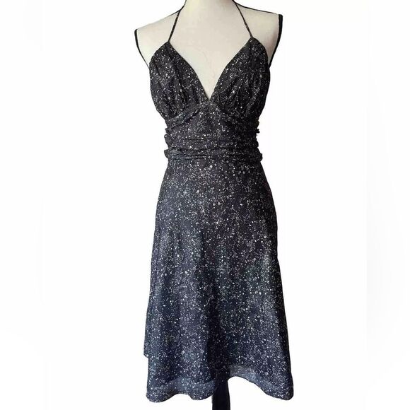 Silk Black Metallic Gold Splatter Dress Size 6 Vintage Express Y2K Festive - Picture 1 of 10